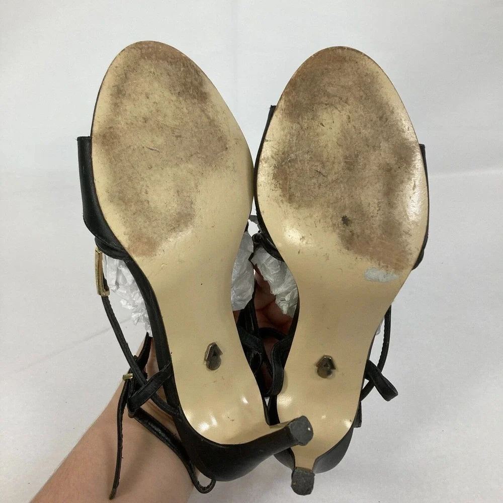 Arantza Sandals Womens Sz 7.5 Black‎ Leather T Strap Stiletto Heels